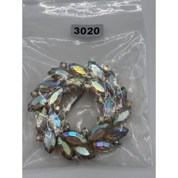 VTG Rhinestone Brooch AB Wreath Marquise Round Gold Tone J1-3020 - Picture 10 of 10